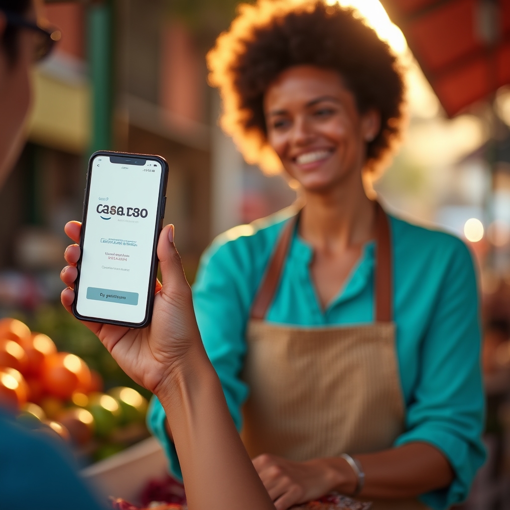 Market vendor using smartphone to accept a mobile payment from a customer